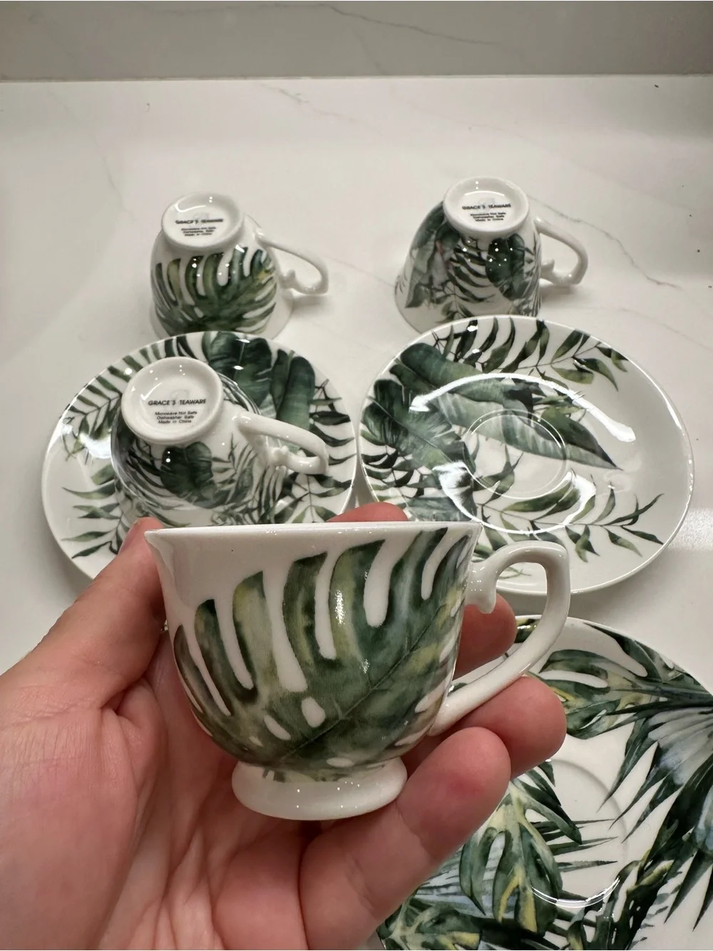 Tropical Leaf Porcelain Espresso Cup and Saucer Set of 4- Green